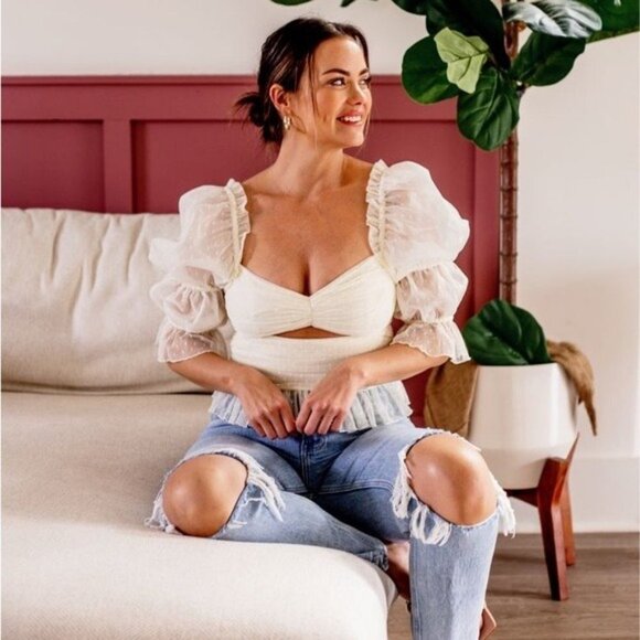 NEW LPA Dolores Top S Ivory Sheer Dot Puff Sleeve Cutout Pleated Peplum Tulle - Picture 4 of 13